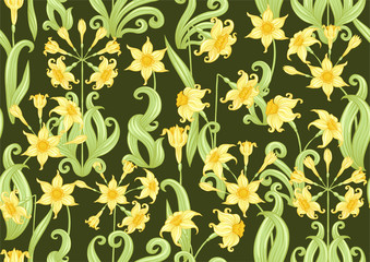 Narcissus. Seamless pattern, background. Colored vector illustration. In art nouveau style, vintage, old retro style. In soft yellow colors. On army green background