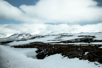Snow covered Heidarvatn in the summer in Iceland