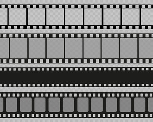 Obraz premium Set of film vector stripes isolated on transparent background.Film strip roll. Vector cinema background.