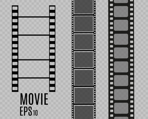 Set of film vector stripes isolated on transparent background.Film strip roll. Vector cinema background.
