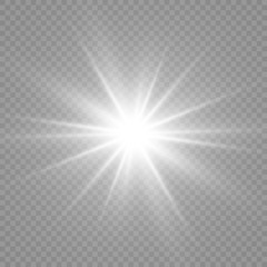 Special lens flash, light effect. The flash flashes rays and searchlight. illust.White glowing light. Beautiful star Light from the rays. The sun is backlit. Bright beautiful star. Sunlight. Glare.