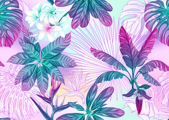 Fototapeta na wymiar Tropical plants and flowers. Seamless pattern, background. Colored and outline design. Vector illustration in neon, fluorescent colors. On mash background..