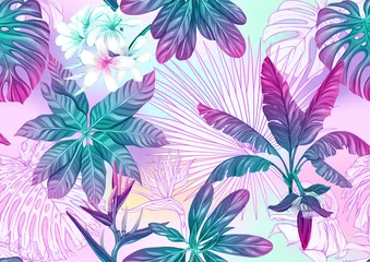  Tropical plants and flowers. Seamless pattern, background. Colored and outline design. Vector illustration in neon, fluorescent colors. On mash background.. © Elen  Lane