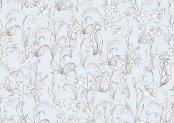 Spring flowers. Narcissus, Iris flower, lily of the valley, may-lily, Seamless pattern, background. In vintage beige colors.. Vector illustration. In art nouveau style, vintage, old, retro style