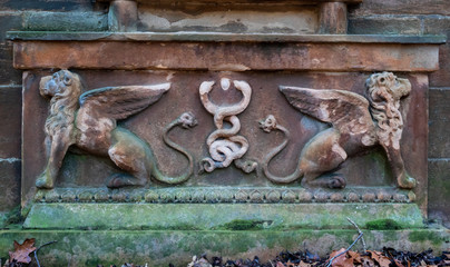 Two winged creatures carved into a stone surface