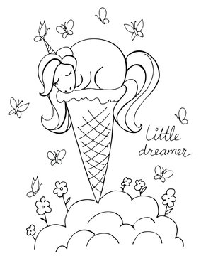 Magic cute unicorn in a glass of ice cream isolated on white. Litlle dreamer. Hand drawn vector illustration. Perfect for print, coloring book, greeting card.