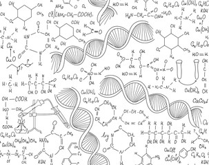 Chemistry vector seamless endless texture with handwritten chemistry formulas. Scientific educational background