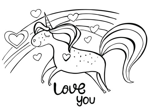 Magic cute unicorn, walking on the rainbow isolated on white. Hand drawn vector illustration.