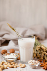 Fresh vegan alternative milk in big glass. Closeup, white background. Healthy vegetarian food...