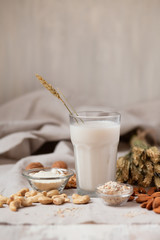 Fresh vegan alternative milk in big glass. Closeup, white background. Healthy vegetarian food concept, lactose free lifestyle. Almond, cachou, walnut, oatmeal, coconut to illustrate raw ingredients