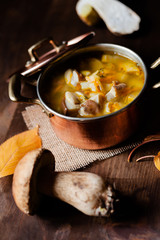 Delicious hot porcini soup in copper pan. Tasty seasonal autumn meal. Fresh mashrooms illustrate ingredients. Concept of homemade food, cozy family afternoon. Closeup, dark wooden background