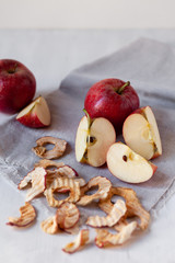 Homemade dried organic crispy apple chips, on the grey cotton rustic clothes with fresh ripe apples. Concept of healthy vegan food. Copy space, white background