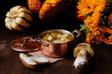 Delicious hot porcini soup in copper pan. Tasty seasonal autumn meal. Fresh mashrooms illustrate ingredients. Concept of homemade food. Closeup, dark wooden background, pumpkin and sunflowers on back