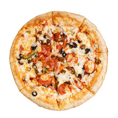 Closeup pizza with pepperoni, mushrooms, bacon and olives isolated on white. Top view.