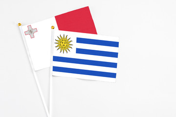 Uruguay and Malta stick flags on white background. High quality fabric, miniature national flag. Peaceful global concept.White floor for copy space.