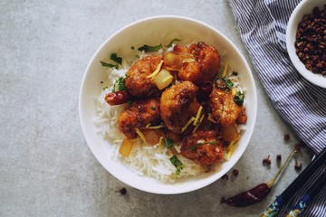 Kung Pao Cauliflower and rice/ Gobi Manchurian, selective focus