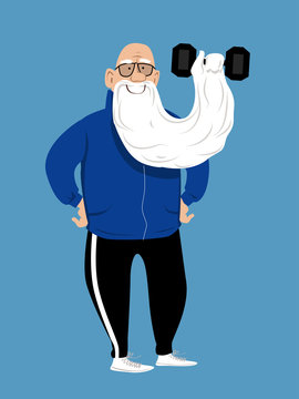Elderly man pushing a dumbbell with his long beard, EPS 8 vector illustration