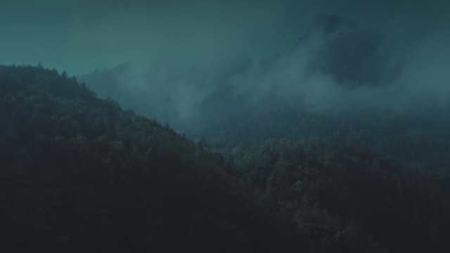 Moody Night Aerial Flight Over A Mountain Covered In Dense Forest And Mist. 