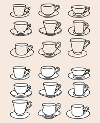 Vector image of set various outlines tea cups with saucer