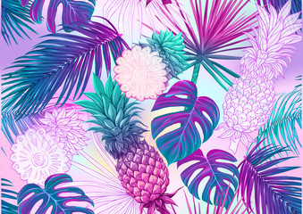 Tropical plants and flowers. Seamless pattern, background. Colored and outline design. Vector illustration in neon, fluorescent colors. On mash background..