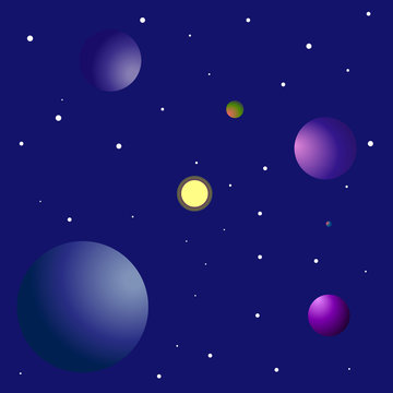 Vector illustration of outer space. Planets, stars, the radiance of the distant sun. The mystical atmosphere of an infinite universe.