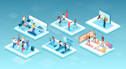 vector of people doing different workouts at the gym, fitness center