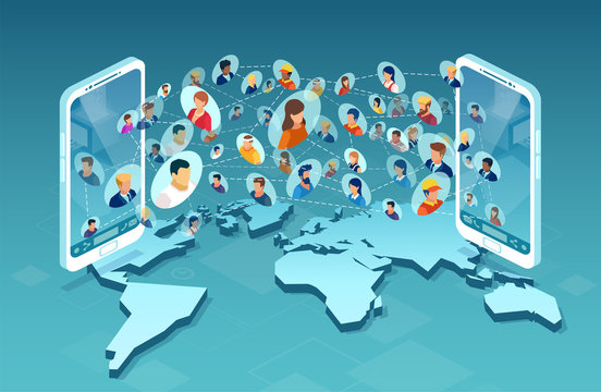 Vector of diverse group of people communicating via mobile phone app technology