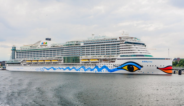 Cruise ship Aida prima at Kiel harbor, Schleswig-Holstein, Germany