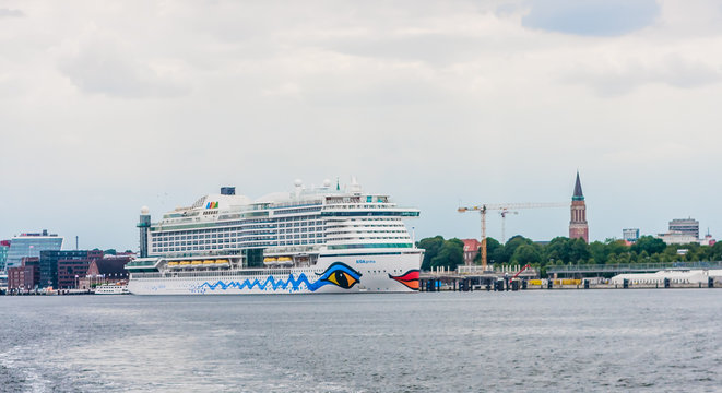 Cruise ship Aida prima at Kiel harbor, Schleswig-Holstein, Germany