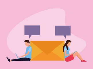 avatar man and woman using technology devices sitting around of envelope