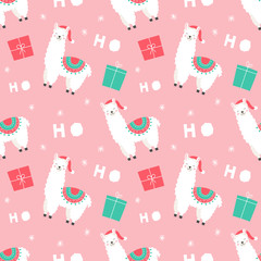 Christmas llama, presents for christmas and new year. Seamless vector pattern for wrapping, fabric, wallpaper.