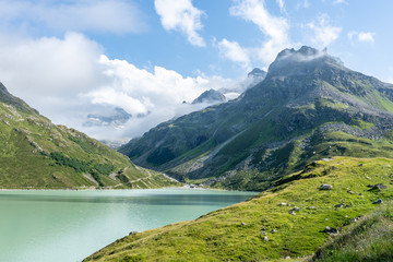 Fototapeta na wymiar bieler hoehe with lake in montafon silvretta in the austrian alps, austria