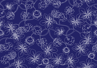 Fototapeta premium Hazelnut. Imitation of traditional Japanese embroidery Sashiko. Spring flowers. Seamless pattern, background. Vector illustration. On navy blue background..