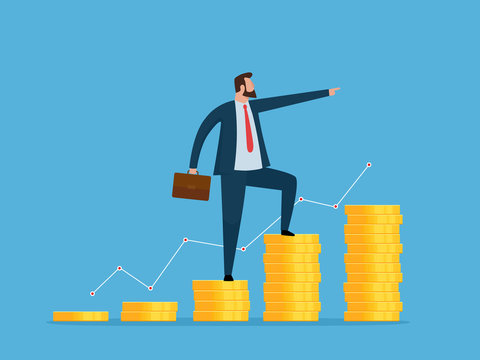 Businessman standing on coins that growing. Financial growth concept. Vector illustration. EPS 10.