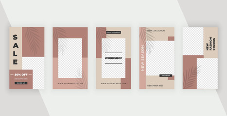 Social media stories banners with geometric design with pink, brown shapes. Modern neutral template design for flyer, poster, card
