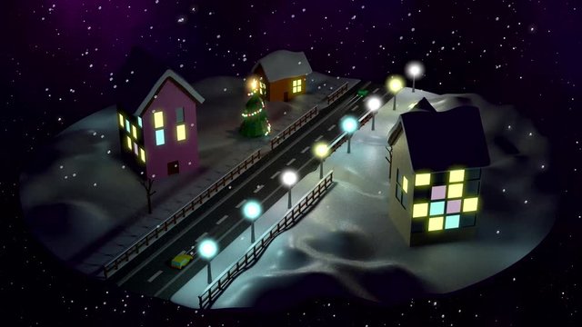 Christmas scene with wooden huthouses, road and Christmas tree. 3d render looped video.