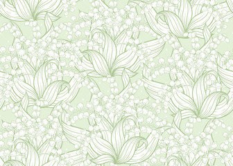 Lily of the valley, may-lily Seamless pattern, background. Vector illustration. In art nouveau style, vintage, old, retro style. On tea green background..