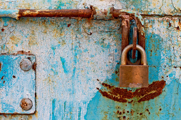 door lock for key closing, keyhole, hasp bolt. Collection of old vintage retro locks on the...