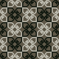 Seamless pattern with floral geometric elements on a gray background.