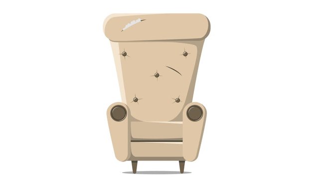 Before and after, old and new damaged large coffee-colored armchair. Design of broken upholstered furniture. Isolated animation with alpha channel.