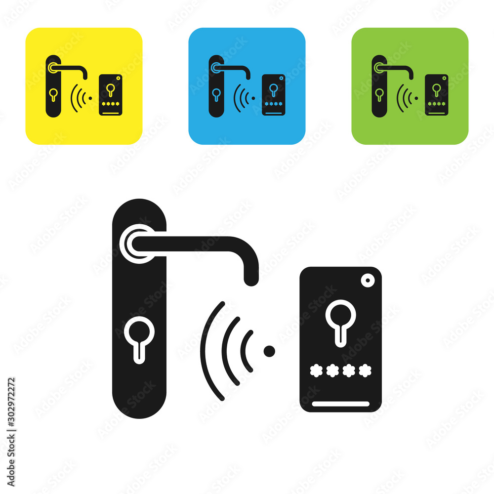 Poster black digital door lock with wireless technology for unlock icon isolated on white background. door 