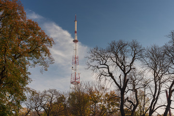 Morning view of the beautiful city of Lviv, with the town hall, ancient fire department and churches in autumn