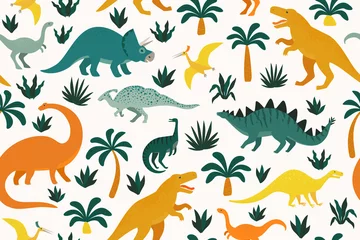 Tapeten Hand drawn seamless pattern with dinosaurs and tropical leaves and flowers. Perfect for kids fabric, textile, nursery wallpaper. Cute dino design. Vector illustration. © Angelina Bambina