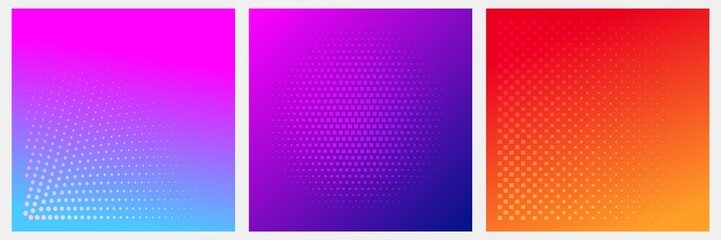 Set of dotted abstract forms. Grunge halftone vector background in neon colors. Distressed overlay texture.