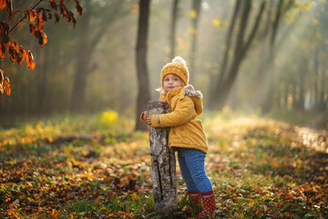 adorable happy girl playing in autumn park