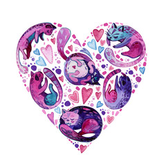 Watercolor valentine card with pink and purple cats in the shape of a heart. Cats for Valentine's Day, hearts, paws for a festive atmosphere