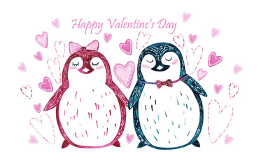 Watercolor valentines card with pink penguin girl and turquoise penguin boy. Postcards for Valenitine's Day, wth hearts and penguins for a festive atmosphere