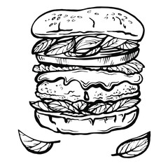 Hand drawn sketch Cheeseburger or Hamburger. Fast food illustration.
