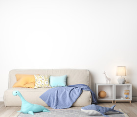 Mock Up Sofa In Children Bedroom, nursery,  Scandinavian Style Interior Background, 3D render, 3D illustration