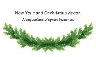 A wide garland of pine branches. Realistic christmas decoration. Isolated on a white background without shadow.
